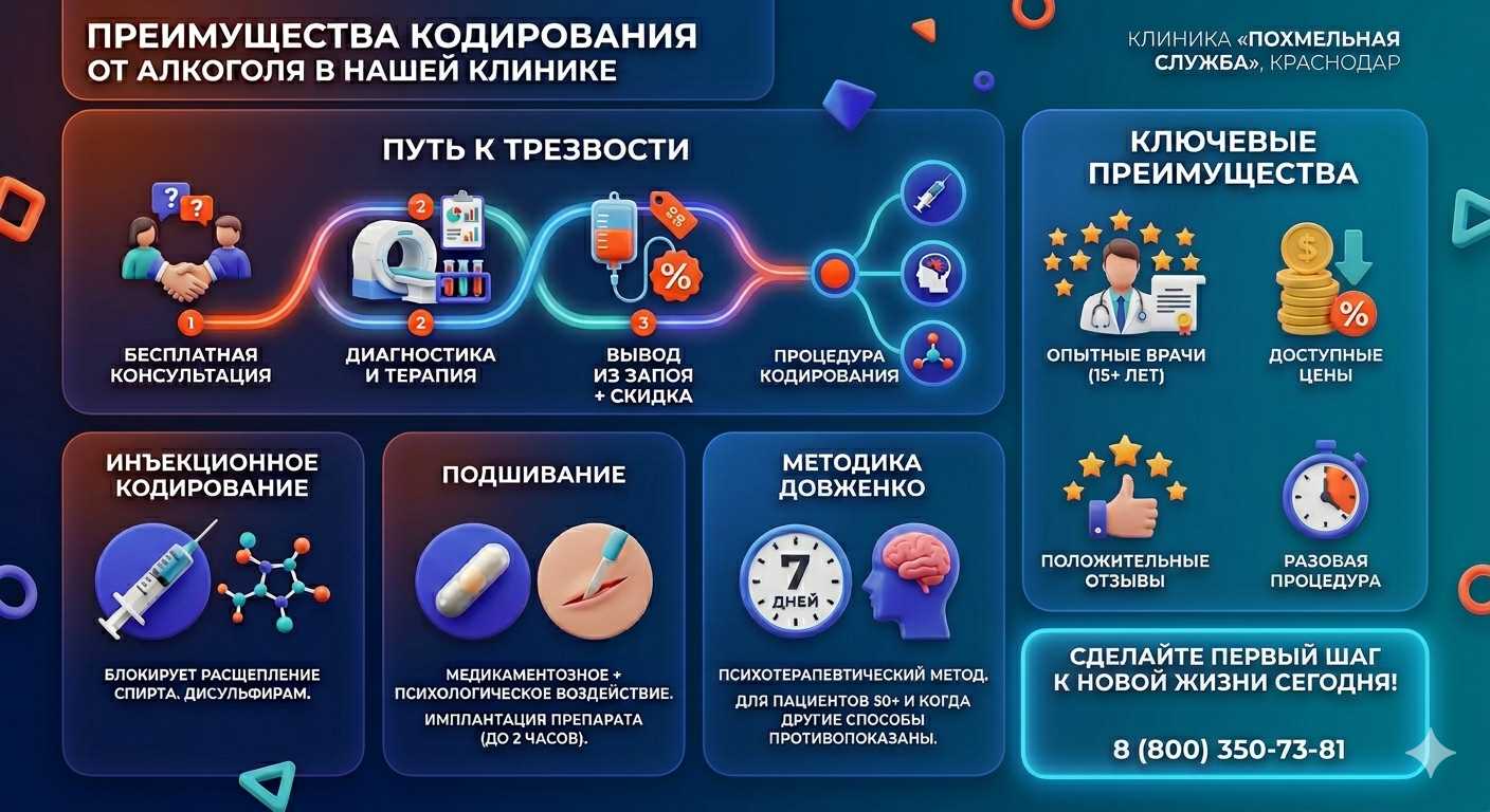 Инфографика о методах кодирования от алкоголя в Каневской: инъекции, подшивание, метод Довженко. Преимущества клиники и этапы лечения.
