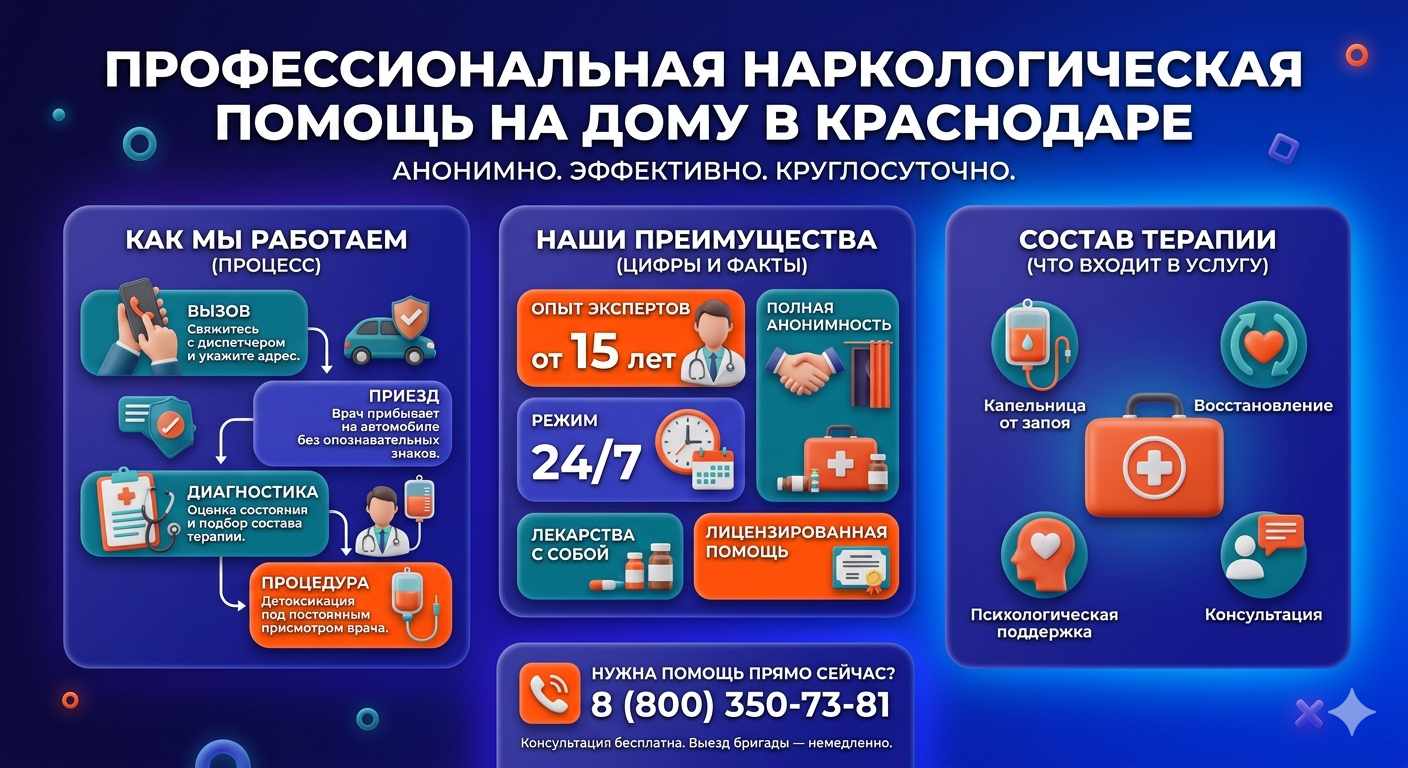 Инфографика о принципах лечения алкоголизма на дому в Каневской: этапы вызова нарколога, преимущества анонимной детоксикации и состав медицинской помощи.